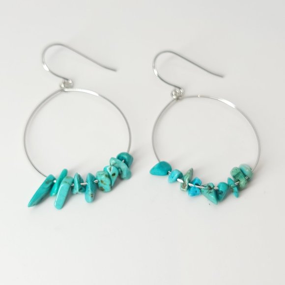 NEW Natural Turquoise Stones Wire Hoop Earrings - Picture 4 of 10
